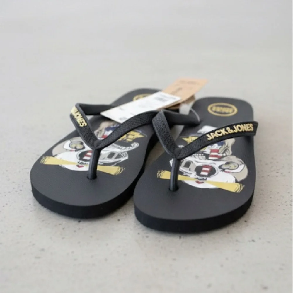 NWT JACK & JONES Mens Logo Flip Flops Sandals Black Summer Beach Shoes Size 9/10